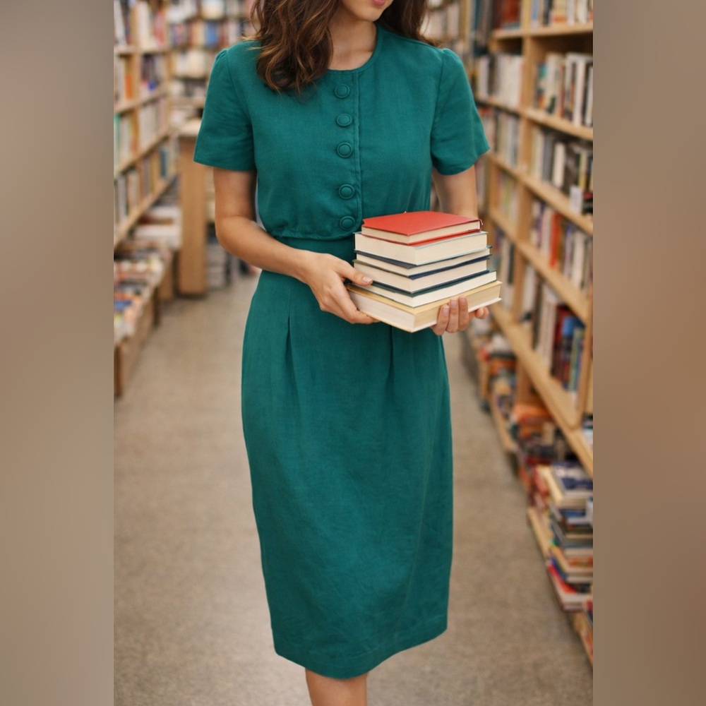 SARA CAMPBELL Vintage Career Wear Teal Green Sheath Linen Dress Midi Lined 10